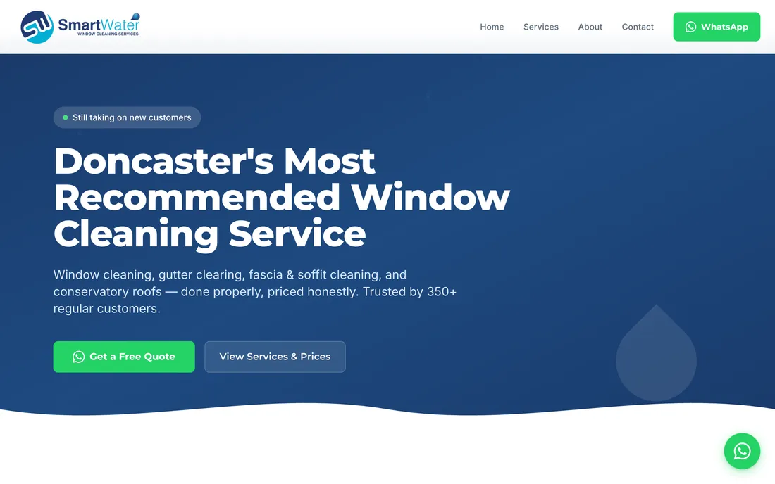 The Smart Water Window Cleaning homepage, built by Straight Sites